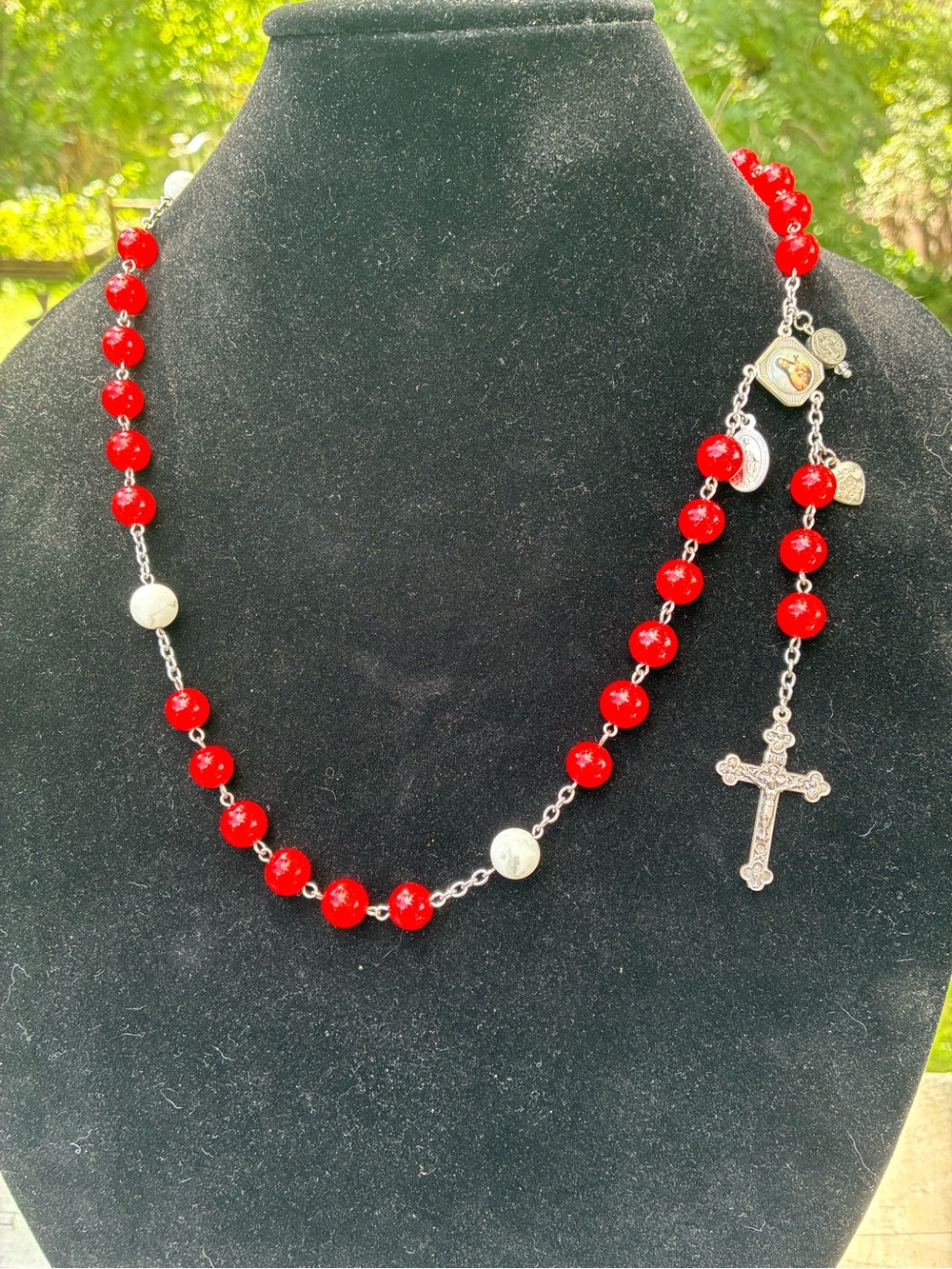 Red Beaded Rosary with Silver Tone Cross